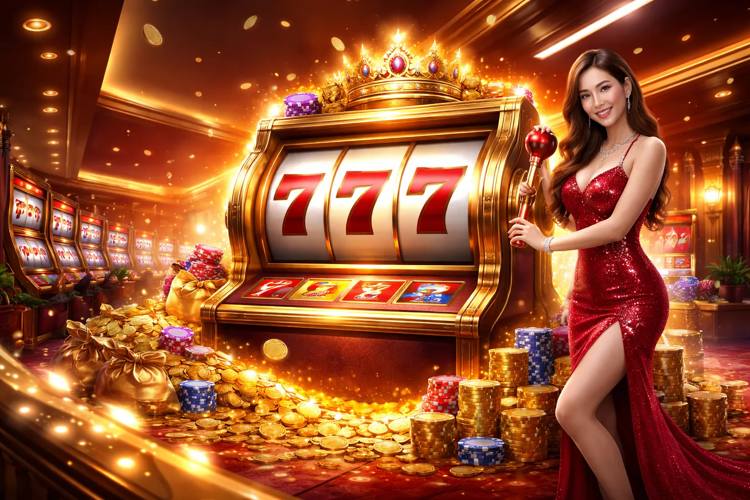 Hình ảnh nền hoành tráng với biểu tượng máy đánh bạc lấp lánh và tiền vàng tại 77 ball tặng 88k